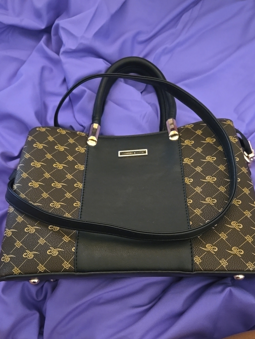 Charles & Keith Black and Gold Logo-Print Satchel